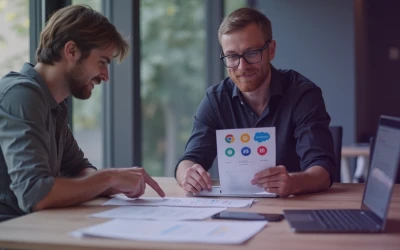 Two men at a desk discussing some printouts