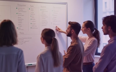 Mehrere Personen, die vor einem Whiteboard stehen und darüber diskutieren und darauf zeigen